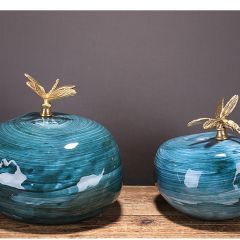 新中式铜蜻蜓陶瓷几何摆件简约现代样板间客厅书房书柜酒柜摆件品